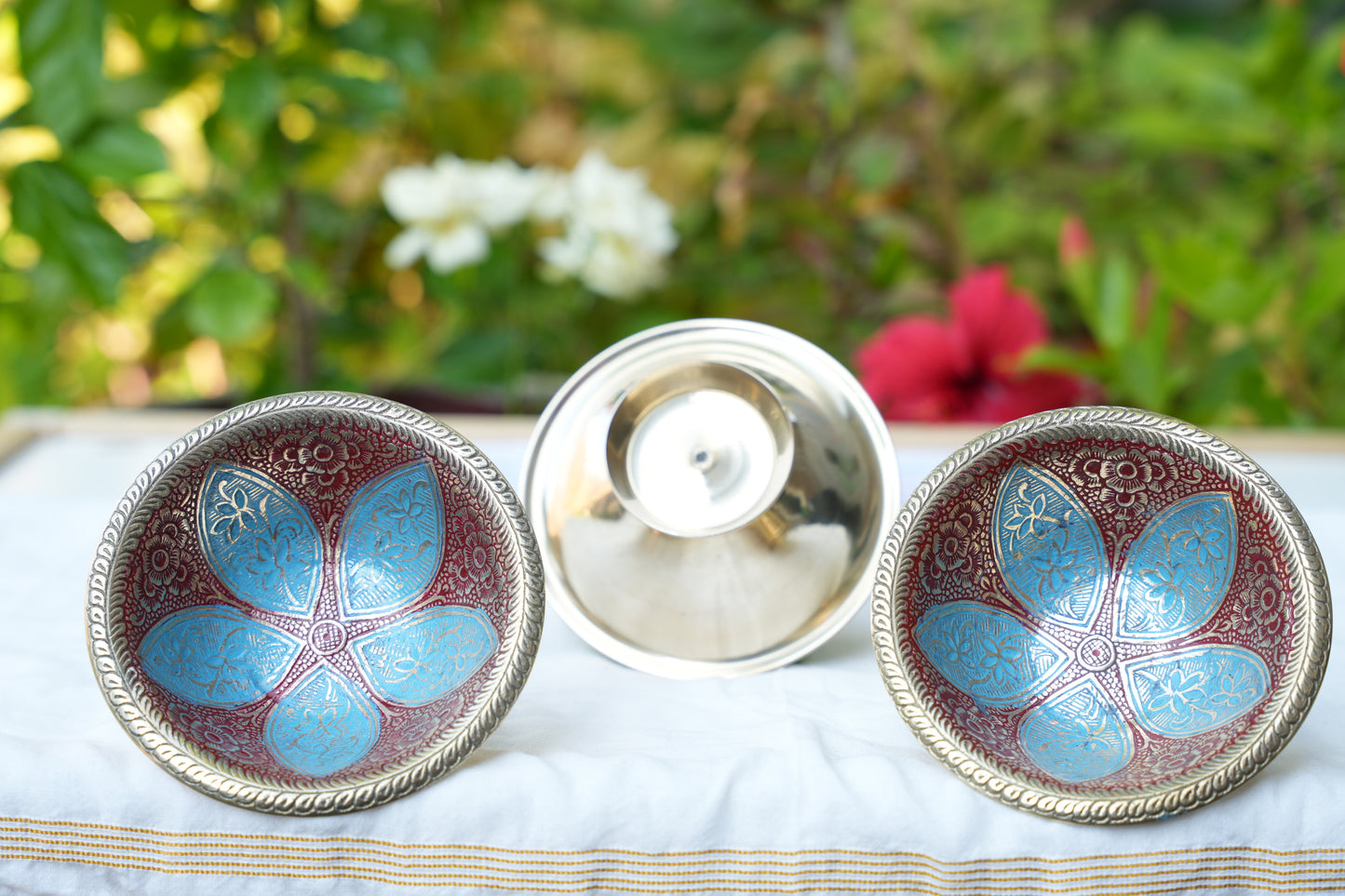 Brass flower design Bowl in Velvet pouch