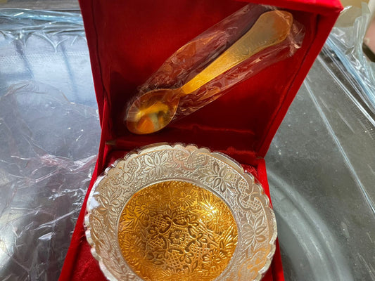 German Silver Bowl with spoon set in Velvet Box