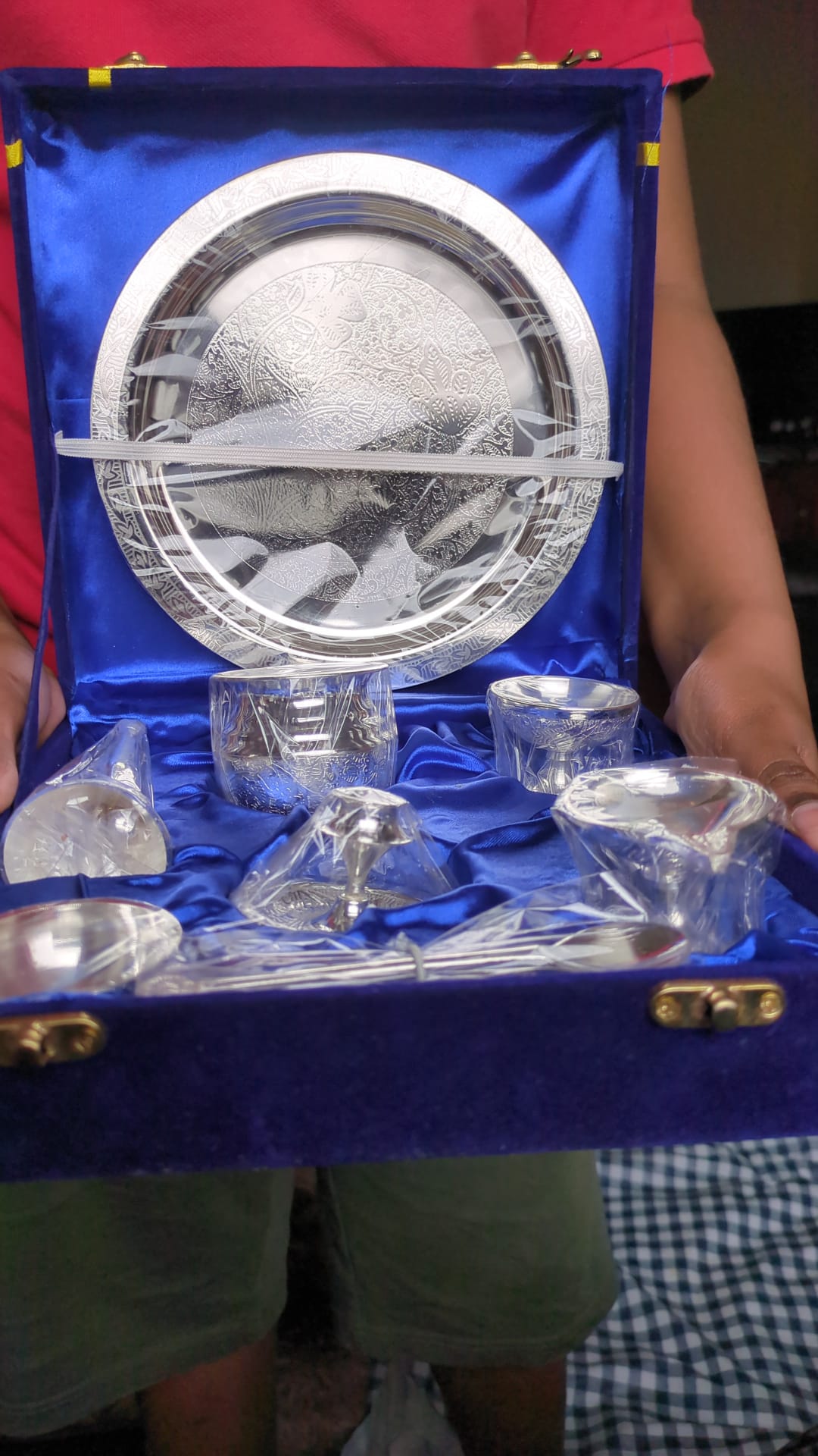 German silver Pooja set with velvet box