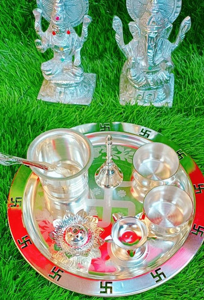 Silver plated swastik engraved Pooja set with velvet pouch